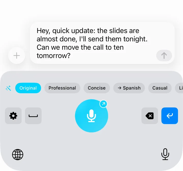 The dictated message in the text field, with the AI modes above the orb.